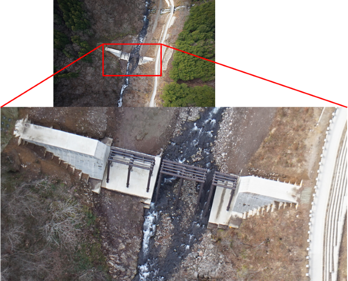 ドローンで撮影した山間部の砂防堰堤