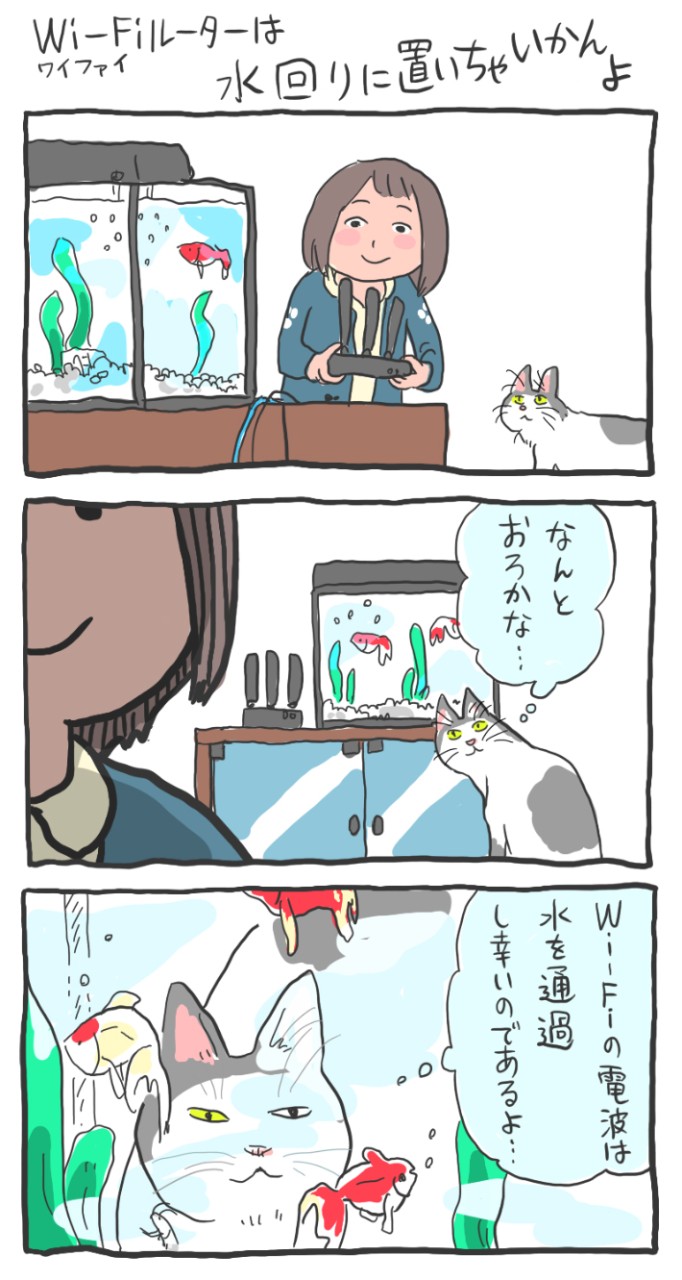 インターネットネコ:Wi-Fiルーターは水回りに置いちゃいかんよ(マンガ:くまみね)
