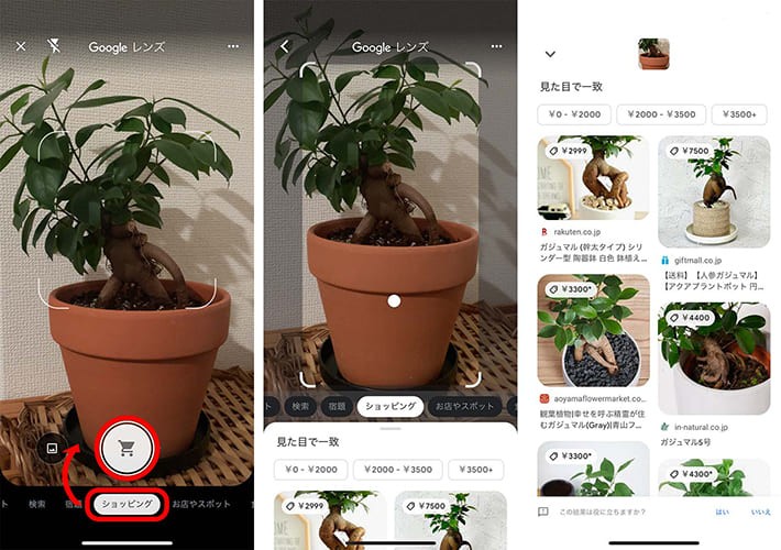 Googleレンズを使いショッピング検索をしている画面