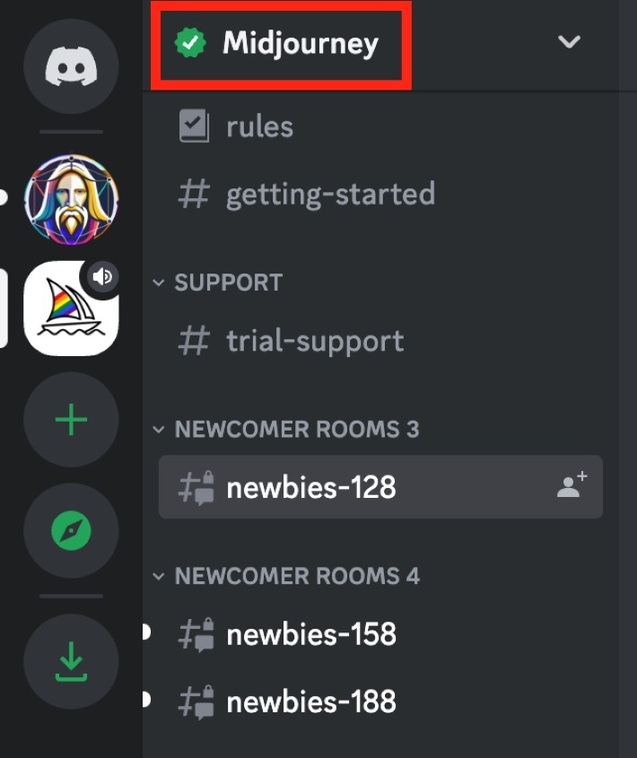Discordへログイン後、左上にMidjourney